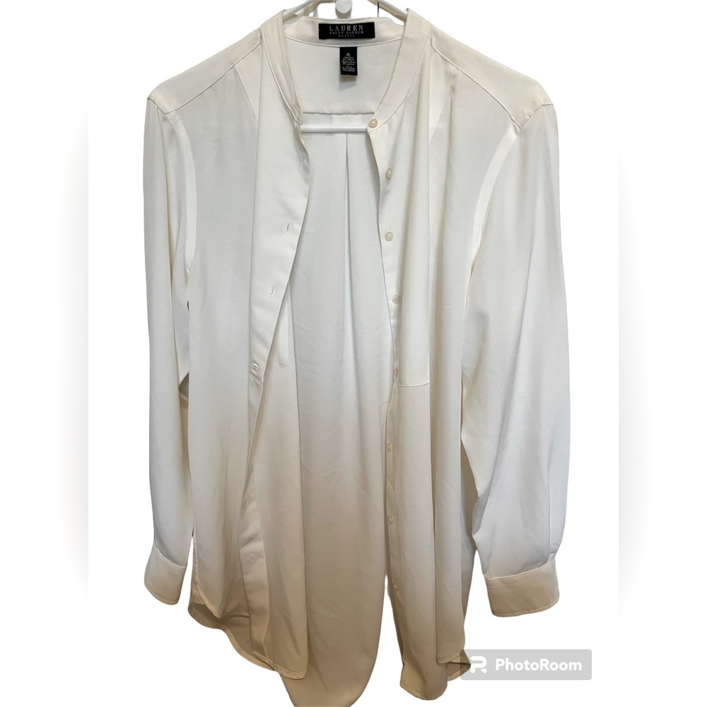 Lauren Ralph Lauren Ivory Crepe Button-Down Tunic Shirt Top Large flowy layering